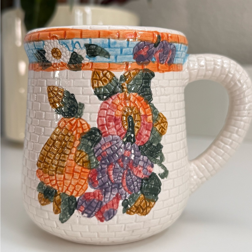 Vintage Floral Mosaic Cream Mug with Orange, Blue, Pink and Green Accents - Picture 2 of 11